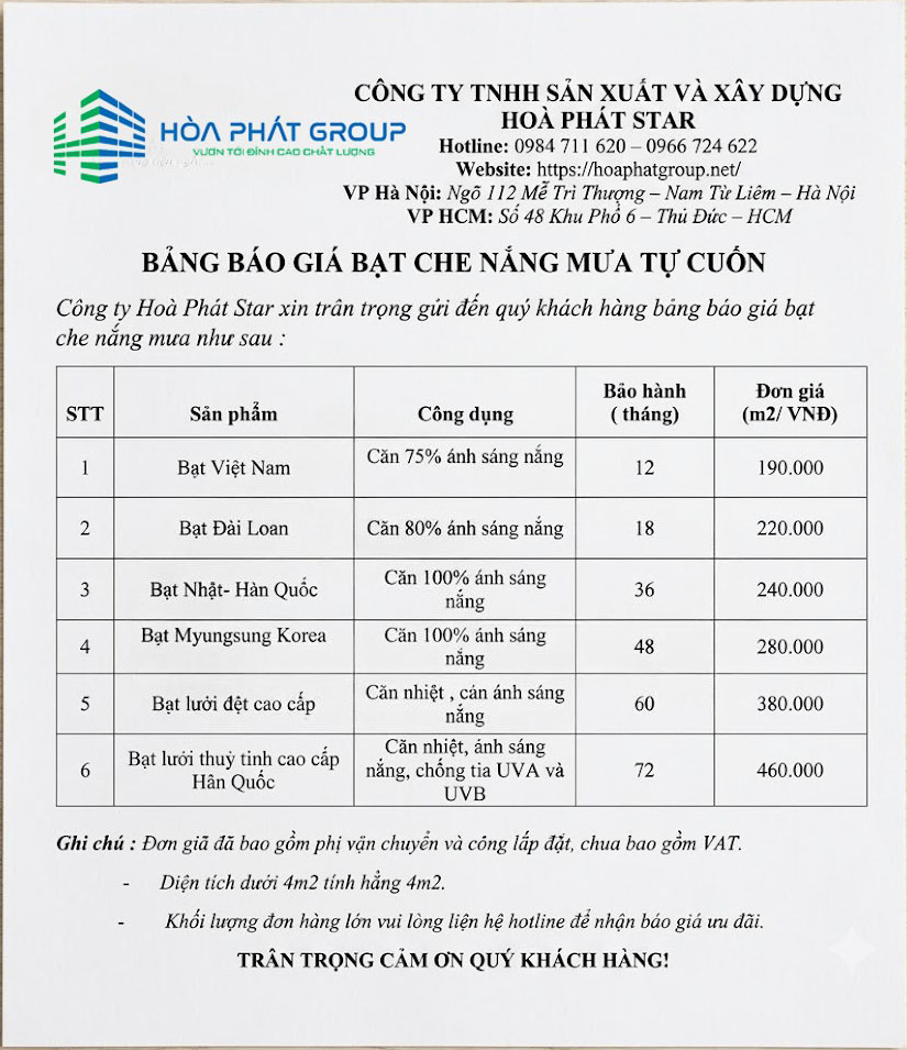 bảng giá bạt che nắng mưa tự cuốn hòa phát